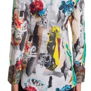 Robert Graham Limited‎ Womens XS culpture Shirt Linen Blend Gold Emb Abstract ♥️